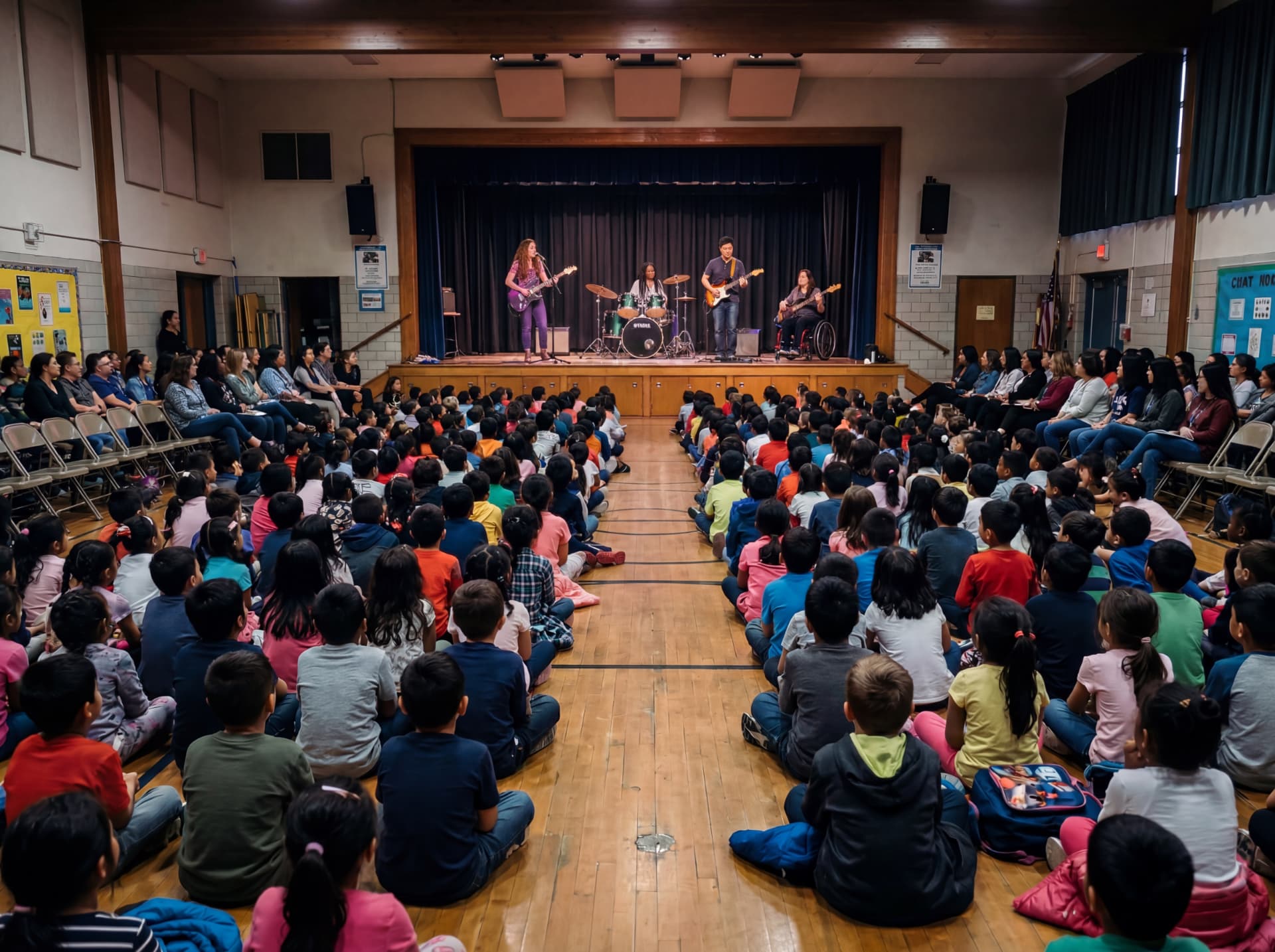 A band performing on stage for a full school assembly of seated students