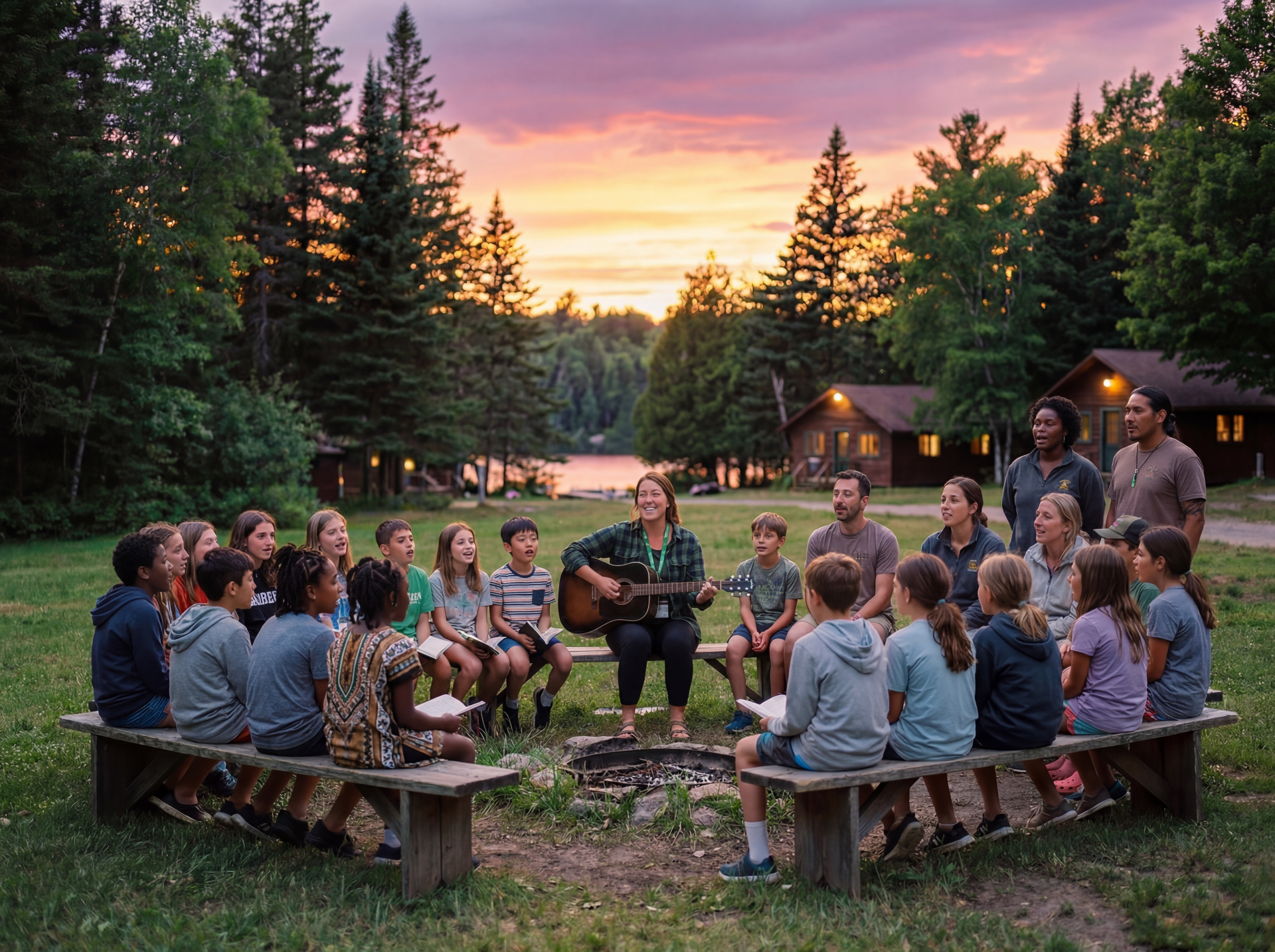 Campers and counselors singing around a campfire at sunset