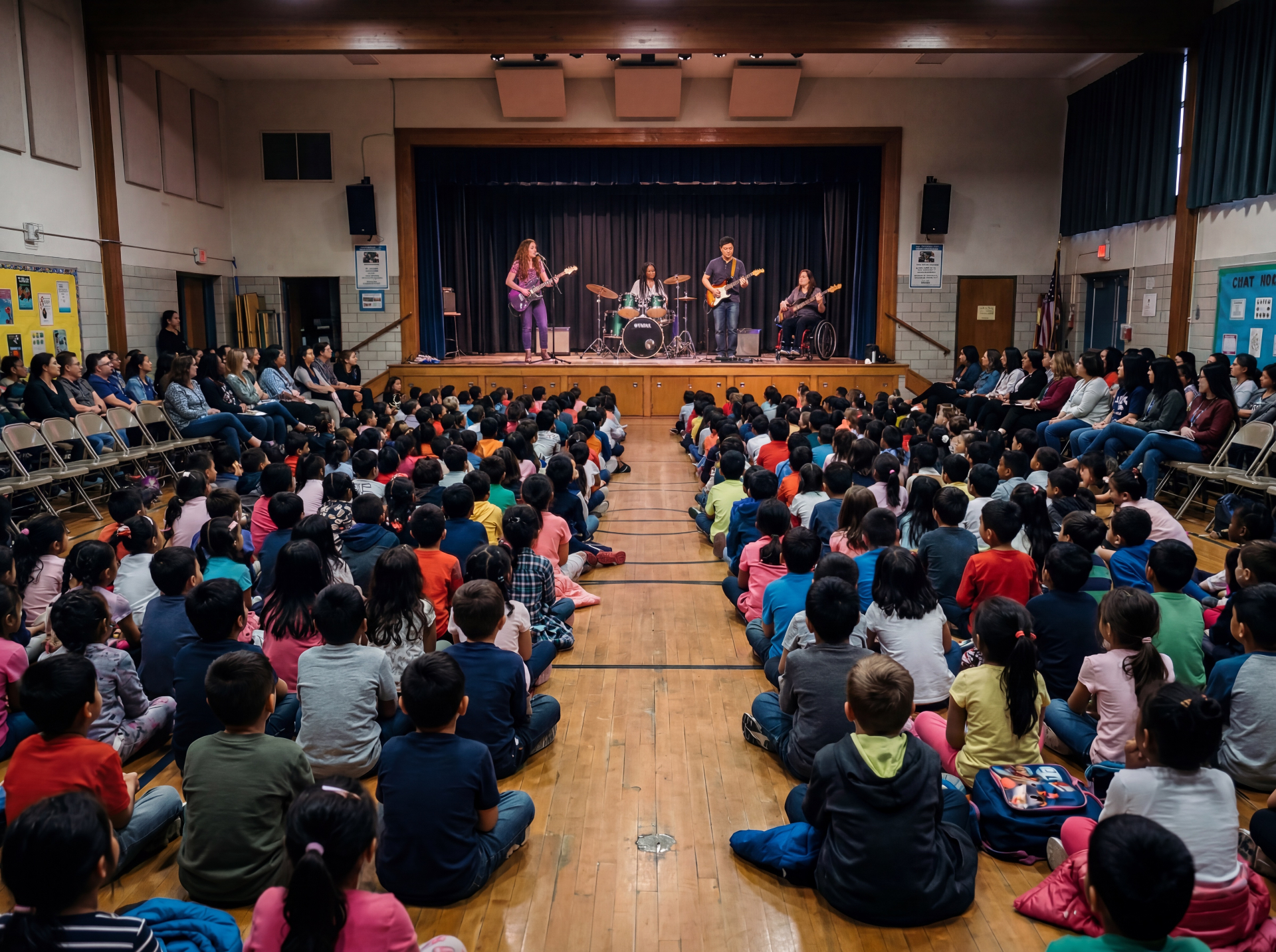 A band performing on stage for a full school assembly of seated students