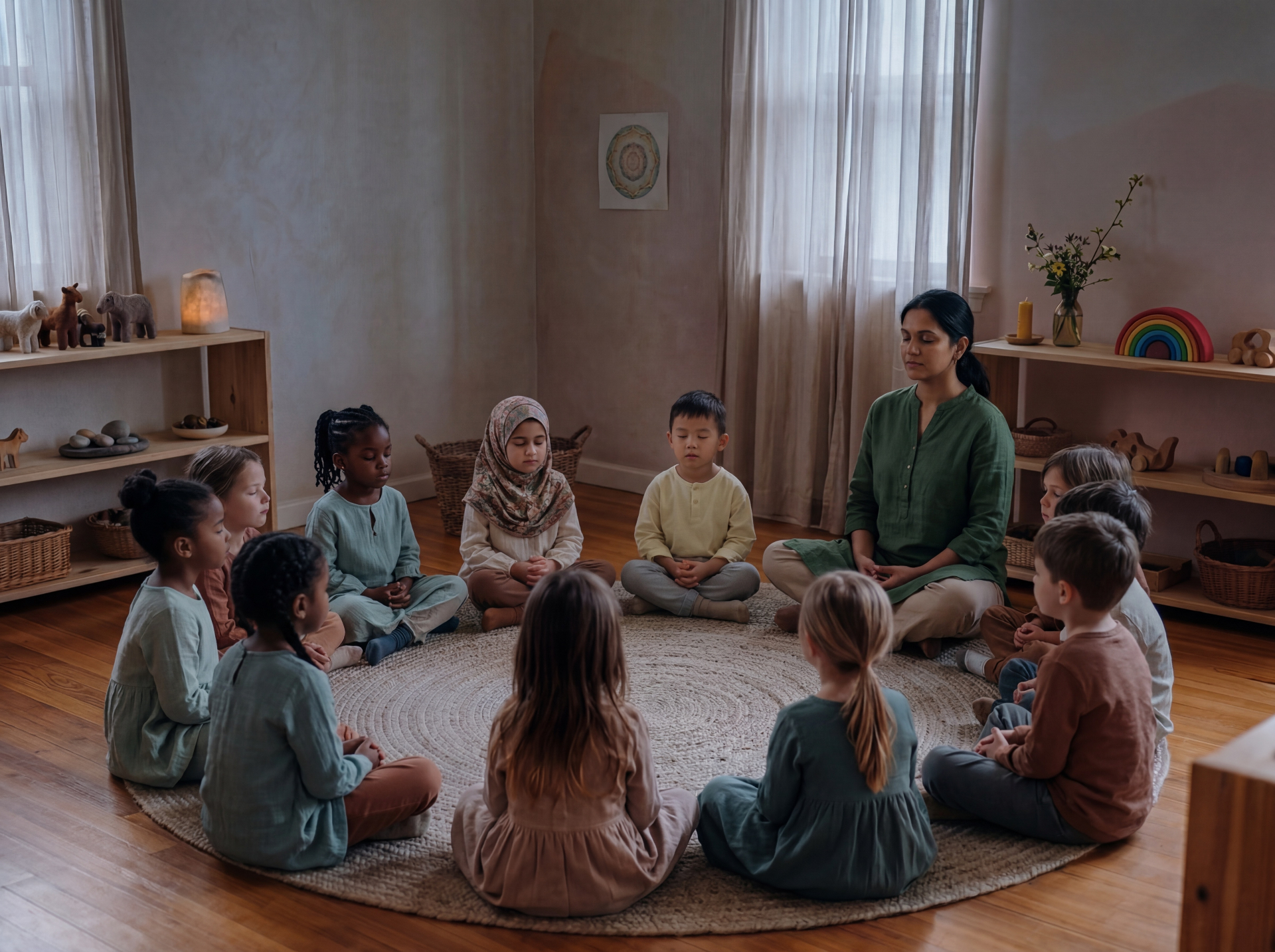 Children sitting in a circle practicing mindfulness with an instructor