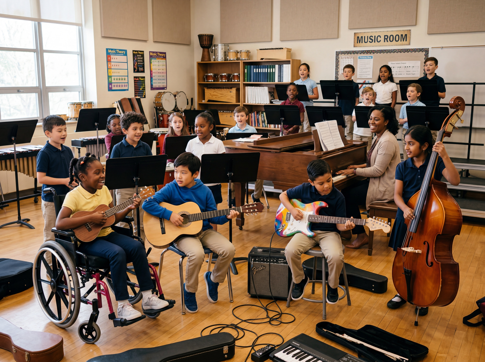 Students playing guitars, ukulele, and upright bass with their teacher in a school music room