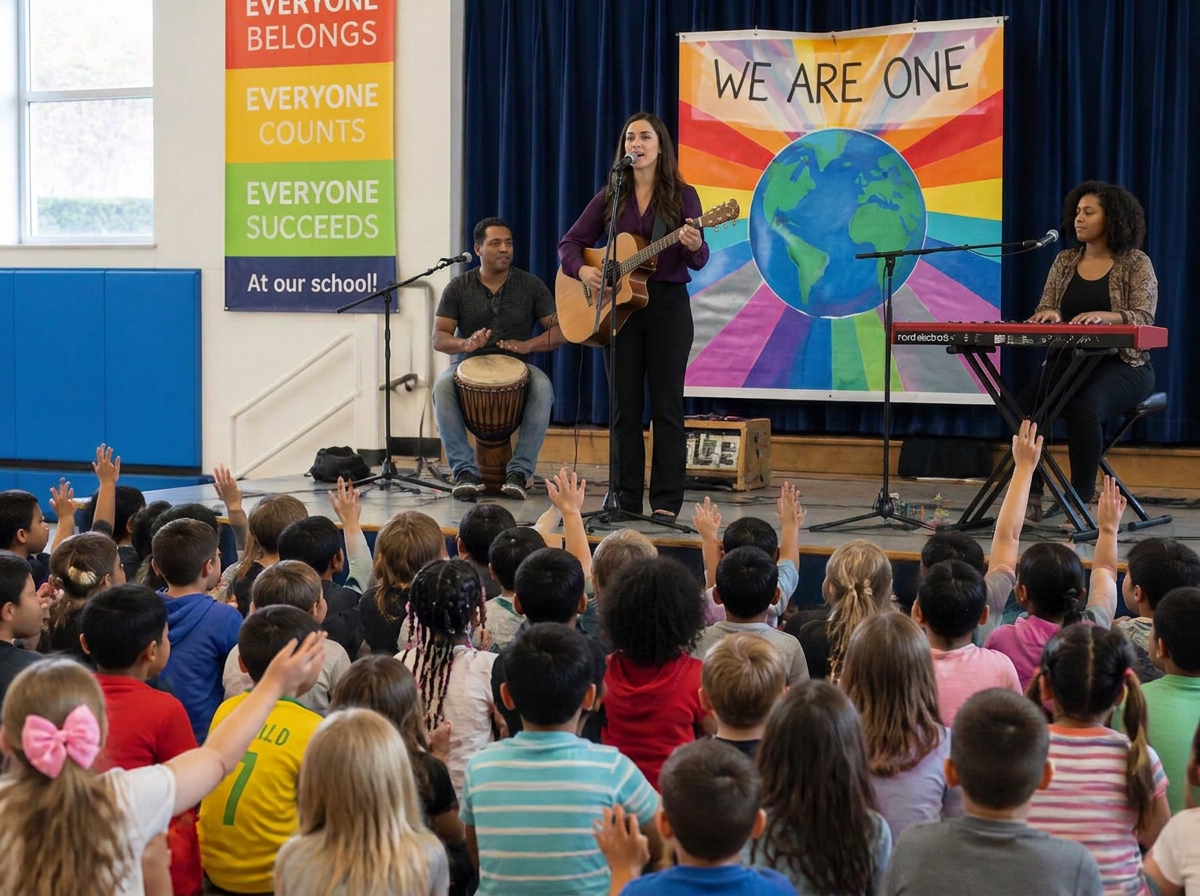 Students gathered in a school assembly singing along with performers on stage