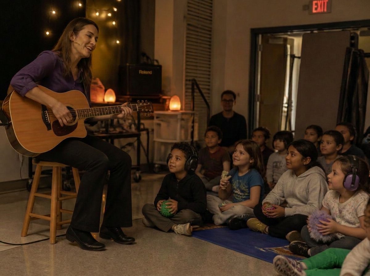 Children wearing noise-reducing headphones sitting on the floor in a dimly lit room while a performer plays acoustic guitar on a stool